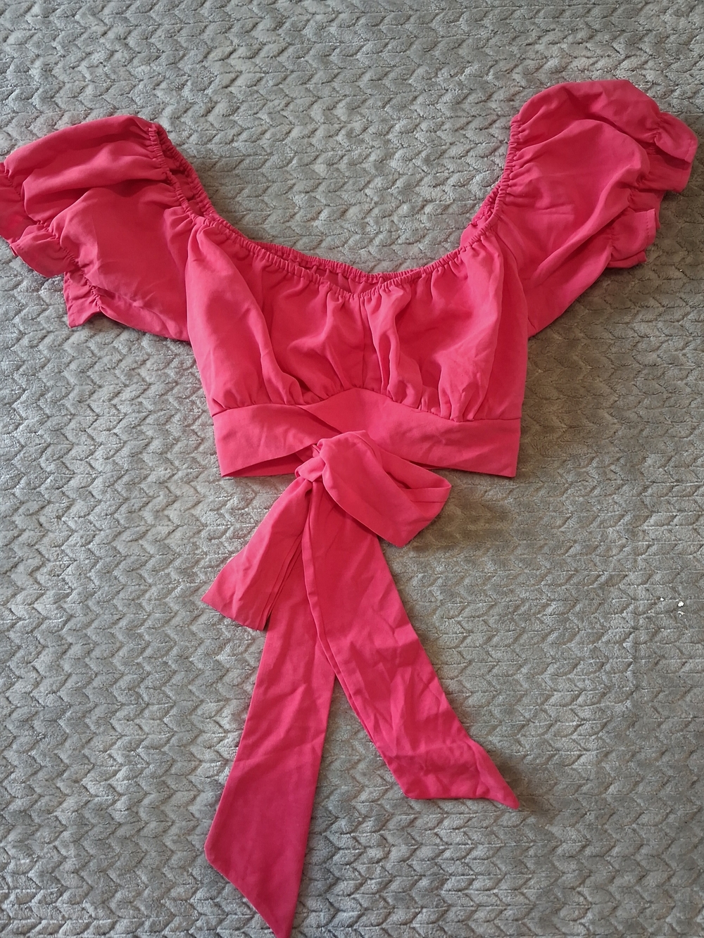 SHEIN Hot Pink Puff Sleeve Tie-Front Crop Top